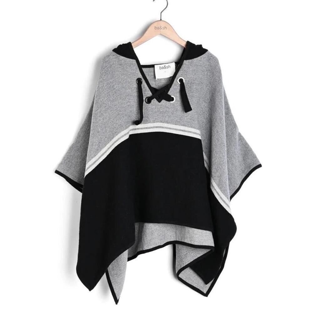 ba&sh Colorblock Poncho Women's One Size Gray Black Open Heavy Hooded